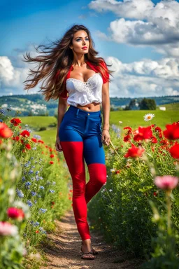 beautiful lady in nice red short top and blue pants with curvy long hair,perfect face,perfect eyes,country side,wild flowers ,blue sky nice clouds, long shot