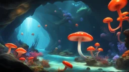 animals creatures, jellyshroom cave form subnautica , plants from subanautica from deep sea, leviathan's a lot of sea plants very deep, beautiful, river of magma,