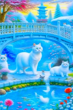 in the center: beautiful chunky white cats playing on a bridge with grey mice, under the brigde flows a small blue river; background: landscape, first plan: pink flowers: white clouds in shape of cats, season: winter and snowfall