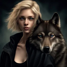 ultra realistic photograph of a very thin young woman with short blonde hair and blue eyes wearing a loose black teeshirt standing next to a black wolf