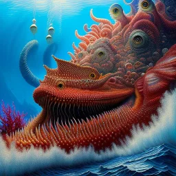 ultra detailed fullbody portrait of RED SEA MONSTER based on movie The Sea Beast(2022) , extremely detailed digital painting, intrincate, extremely detailed face,crystal clear Big eyes, in the style of Simon Bisley, mystical colors , perfectly centered image, perfect composition, rim light, beautiful lighting, 8k, stunning scene, raytracing