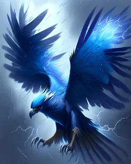 A majestic thunderbird with electric blue feathers and a wingspan that spans the sky, capable of summoning lightning and storms with a flap of its wings.