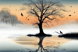 Illustration of a lonely dark tree with barren branches stands on a water's edge, reflected in the water, fog, crows on the sky, mystical landscape, sinister mood, line art