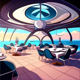 futuristic luxury vampire empty vampire restaurant near the sea with cooked turkey in the middle of a tables and clean chairs in the restaurant cartoon