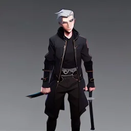 gray-haired young man with katana in black baggy jaket