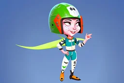 whimsical cartoony character with racing clothes and helmet