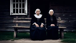 gloomy-looking old women sitting in black hungarian villager dress and wearing east european black head scharf on wooden bench in front of white old house outside in an authentic east european ,hungarian village, high detalied, professional photo, high qualit, high textures. The high-resolution image captures the essence of authenticity and realism, transporting the viewer to another time and place.