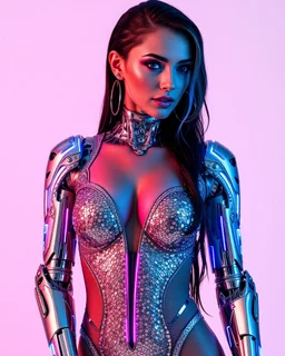 A full-body photoshoot of a stunning cyborg woman blending futuristic technology with luxury fashion. Her mechanical enhancements are sleek and polished, featuring chrome-plated limbs and glowing blue circuitry embedded into her skin. She wears a luxurious outfit combining glittering metallic fabrics and translucent mesh, adorned with holographic sequins that shimmer in shades of silver, gold, and neon pink. Her bodysuit is accented with LED strips that pulse gently, while her robotic arm is dec