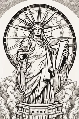 Mandala of the Statue of Liberty merged with apple motifs, illustrated in black and white with clear, thick strokes, suitable for an adult coloring book, contour, vector, clean line art, isolated against a white environment