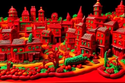 A red Day of the Dead themed town with fiery ghost peppers designed in Mexican folk art painted by Henri-Robert Bresil
