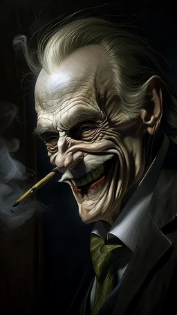 Bosch nightmares paining style Title: a joker face with cigarette in his mouth, smiling 8k,photography, photorealistic concept art, soft natural volumetric cinematic perfect light, chiaroscuro, award-winning photograph, masterpiece, oil on canvas, Raphael, Caravaggio, Greg Rutkowski, people, beksinski, Giger