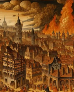 An orange colored western town engulfed in smoke designed in medieval tapestry painted by Lucas van Leyden