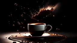A cup of coffee, the coffee rises from the cup and is transformed into a male dancer made of coffee, coffee splashing from hair and fingers, leaping completely out of the cup, add a slice of cake, black table, colorful background, hdr, octane render, highest resolution
