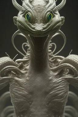 snake alien, head,8 eyes, smile, 8k, with hairs, finely detailed, photo realistic, HR Giger style