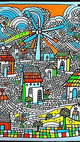 A white village with windmills painted by Keith Haring