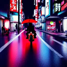 photo of a ninja riding a bike; in an alternate universe in tokyo; cyberpunk; realistic; rain; neon signs