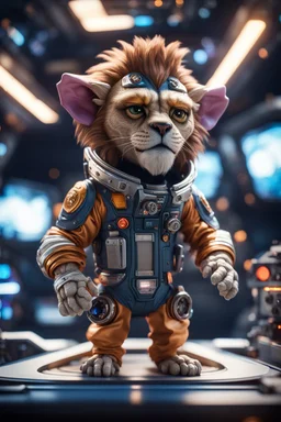 pen outline, really macho pimp gremlin lion captain that go hard sitting in space station cockpit , in front of space portal dimensional glittering device, bokeh like f/0.8, tilt-shift lens 8k, high detail, smooth render, down-light, unreal engine, prize winning