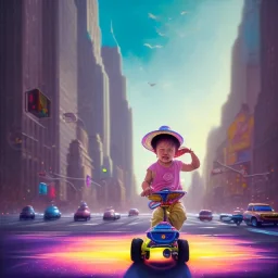 A one-year-old boy rides in the plastic funny toy-car on the middle of a busy street in new york. He has and a large-brimmed straw hat. somehow photographic bright colors and sunset, fantasy art, Anna Dittmann, digital painting, dan mumford, oil on canvas, jeff koons, akihito yoshida, wlop, kodachrome,