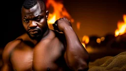 half figure shot Photography Of three congolese angry ugly muscular Burly thin 27 Years Old in the night, dressed with elegant shirt and jeans , sweat ,Tattoo, short hair , Beard,crossed arms, big arms, At The Beach At Midnight , Illuminated By Bonfire, Photorealistic, 8k, Global Illumination, Detailed And Intricate Environment ambien occlusion, view from the ground