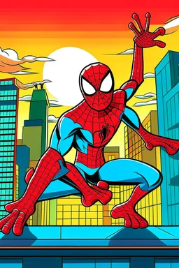 a vivid color of cartoon Spiderman laughing on a roof top in a city scape background with skyscrapers around