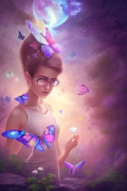 Dibujo escena de mundo mágico de fondo ((([una enorme mariposa]))) de los abismos, aparece (((((una adolescente con gafas))))).