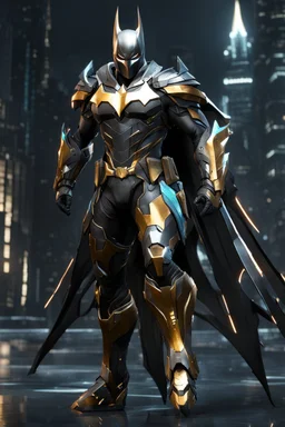 Full body Batman ultra advanced warframe with the whole and full body full armor with ultra sophisticated machine compagnon ultra high resolution and details,walk in street city bussy