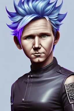 Detailed cute anime Gordon Ramsay, blue hair buns, purple bangs, black latex bodysuit, intricate details, full body portrait, keep head in frame, slight smile, black Japanese motif, concept art, highly detailed, digital painting, concept art, sharp focus, illustration, art by Yoji Shinkawa, WLOP and greg rutkowski and alphonse mucha and artgerm and yanjun Chen and Junji ito and Makoto Shinkai, HDR, octane render