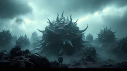 realistic photo of a disgusting, oozing, sprawling, organic Zerg hive landscape, clouded foggy sky background, futuristic lighting, cinematic, atmospheric, hyper realistic, intricate details, highly detailed, concept art