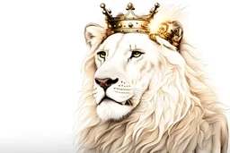 White lion with kings crown on his head . Side view