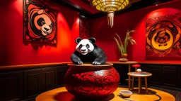 A scarlet spicy noodle restaurant with a fiery panda designed in Navajo basket painted by Leonardo da Vinci