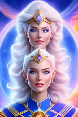 young cosmic woman admiral from the future, one fine whole face, large cosmic forehead, crystalline skin, expressive blue eyes, blue hair, smiling lips, very nice smile, costume pleiadian,rainbow ufo