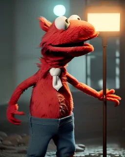 Realistic image, hybrid formed by simple Elmo muppet head and real human body, human arms and hands, Shirt and tie, concept art, smooth, unreal engine 5, god lights, ray tracing, RTX, lumen lighting, ultra detail, volumetric lighting, 3d, finely drawn, high definition, 4k.