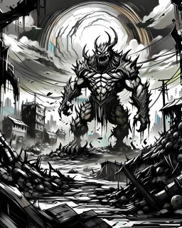 A doomsday day with no arms like impact frames like anime Black and white