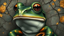 Portrait of a beautiful glamorous frog woman, textured and cracked paintings with golden spots, 3D, 8K, best quality, fine drawing, high detail, hyperrealism, high resolution, high definition, multi-layered, highest focus, hyper sharpness, hyperfocus, vignette