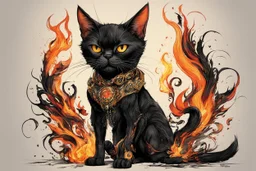 create a full body caricature of an aged, malevolent, ornately dressed , 14th century sorceress Bombay cat wreathed in fire ,highly detailed with refined feline features in the cartoon caricature style of Gerald Scarfe and Ralph Steadman precisely drawn, boldly inked, vividly colored, 4k