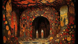 Black cadaverous caverns designed in ancient Roman mosaics painted by Paul Ranson