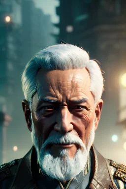 Old man Cyborg anime warrior, grey hair, trimmed grey goatee, brown eyes, waist up portrait, 4k resolution, intricate details, ornate details, soft lighting, vibrant colors, retroanime, futuristic cityscape background