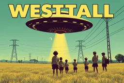 bumper sticker design, westall large flat ufo, in bold heading text "WESTALL 1966", lots of school children looking up in a field, high voltage powerlines and gumtree's in distance, mysterious cool, bold