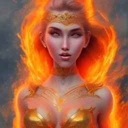 woman made of fire, fire angel, full body portrait, long flowing hair, only wearing bikini made of fire, highly detailed, real life photo, photo quality, extremely detailed, high quality, standing in fire, highly detailed, lots of fire around