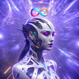 ∞ 3D infinity symbol, perfect infinity ∞, bright colors, +infinity totally-symmetrical ∞, ∞ on cyborg's forehead, head and upper body, exotic, inspiring, fantasy, scientific, friendly, beautiful, octane render, 8k post-production, artstation: award-winning: atmospheric: commanding: fantastical: clarity: 16k: ultra quality: striking: brilliance: liquid medium: stunning colors: amazing depth; lens: f/8, 24mm