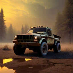 stylized hyperrealistic shot, muddy aggressive military toy truck, monotone color palette, sharp focus, puddle reflection, tire water splash, refraction, mist on the horizon, sunset, rocks background, detailed and intricate, cinematic composition, micro, tilt shift photography, unreal engine 5, octane render, 8k, cinematic lighting