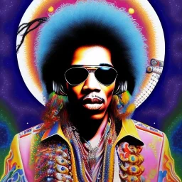 a realistic picture of Jimi Hendrix with dreadlocks, at a turntable with headphones on being a DJ, vivid color, with sunglasses, psychedelic trippy art, with UFOs in the background