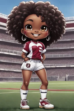 A sassy thick-lined airbrush cartoon image of a black chibi girl standing in front of a football stadium. She is wearing a University of South Carolina football jersey with tight white jeans and timberland boots. behind her curvy body. Looking up coyly, she grins widely, showing sharp teeth. Her poofy hair forms a mane framing her confident, regal expression. Prominent maekup with hazel eyes. Hair is highly detailed.