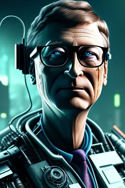 A portrait post-apocalypse cyborg BILL GATES in a cyberpunk city, sci-fi fantasy style, 8k, volumetric lighting, particales,highly detailed,cinematic, deep colours,