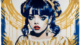 Poster in two gradually, a one side the Singer Danish MØ face and other side the Singer Melanie Martinez face, symmetry, painting by Yoji Shinkawa, darkblue and gold tones,