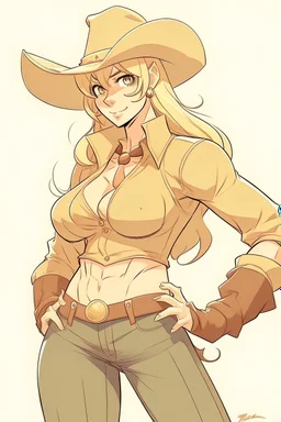 An anime style drawing of a buff cowgirl. she is blonde has sideburns. she is wearing chaps and a cowboy hat. she is buff and has big muscles!
