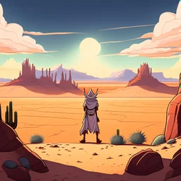 sun is shining in an empty desolate desert with rocky mountains and cactus cartoon