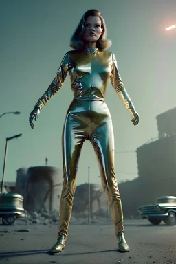 retro sci-fi image from 1960, supermarket explosions, people running, sweet young Kate moss walking, tight latex suit, weapon, soft color, highly detailed, unreal engine 5, ray tracing, RTX, lumen lighting, ultra detail, volumetric lighting, 3d, finely drawn, high definition, high resolution.