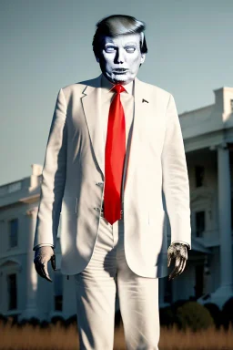 Ultra realistic image, Donald trump zombie, zombie performance, suit, skull, blood, torn arm, night, walking twisted, waist up view, thriller style, dark ambient, highly detailed, White House background, concept art, unreal engine 5, ray tracing, RTX, ultra detail, volumetric lighting, high definition, high resolution.