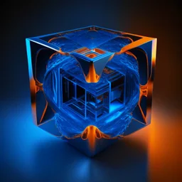 a blue metallic 4d Tesseract ,inside a 4d orange Tesseract rotating cube in a four dimension environment